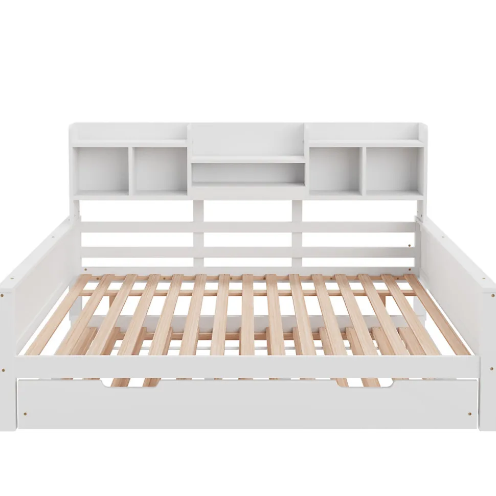 Lit Gigogne 90x190/140x200 cm avec Lit Tiroir et Tiroirs de Rangement, Bois Blanc, Sommier À Lattes pour Chambre enfant, Blanc