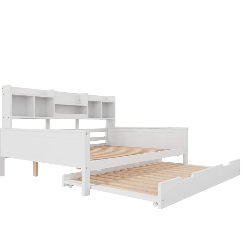 Lit Gigogne 90x190/140x200 cm avec Lit Tiroir et Tiroirs de Rangement, Bois Blanc, Sommier À Lattes pour Chambre enfant, Blanc