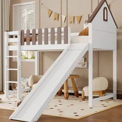 Lit haut 90x200 cm avec toit, fenêtres, échelle 3 marches, sécurité, cadre bois, blanc