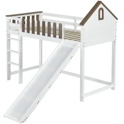 Lit haut 90x200 cm avec toit, fenêtres, échelle 3 marches, sécurité, cadre bois, blanc