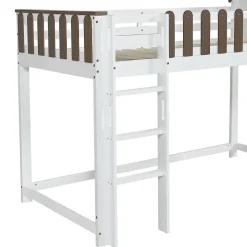 Lit haut 90x200 cm avec toit, fenêtres, échelle 3 marches, sécurité, cadre bois, blanc