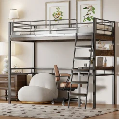Lit Haut 90x200cm, Bureau, Rangement, Échelle, Métal, Noir