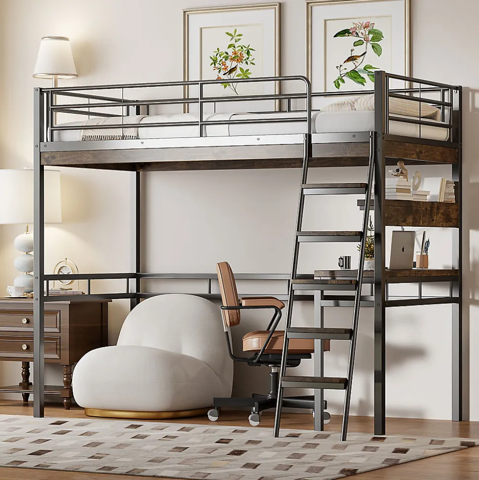 Lit Haut 90x200cm, Bureau, Rangement, Échelle, Métal, Noir