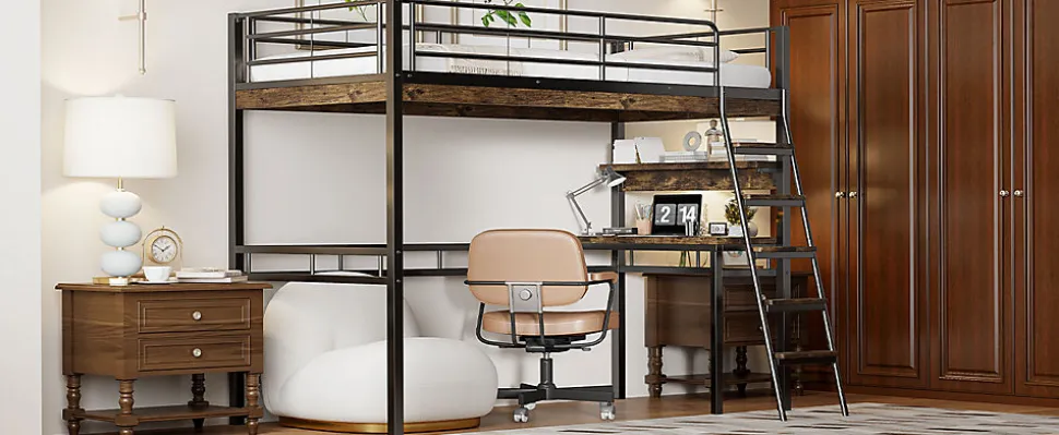 Lit Haut 90x200cm, Bureau, Rangement, Échelle, Métal, Noir