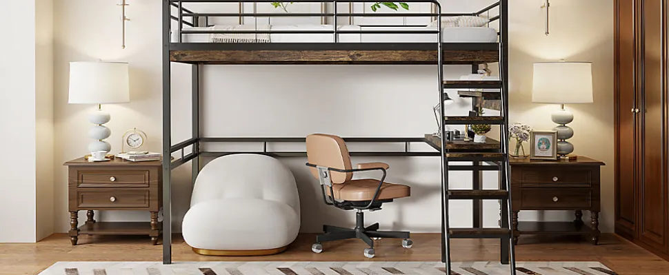 Lit Haut 90x200cm, Bureau, Rangement, Échelle, Métal, Noir