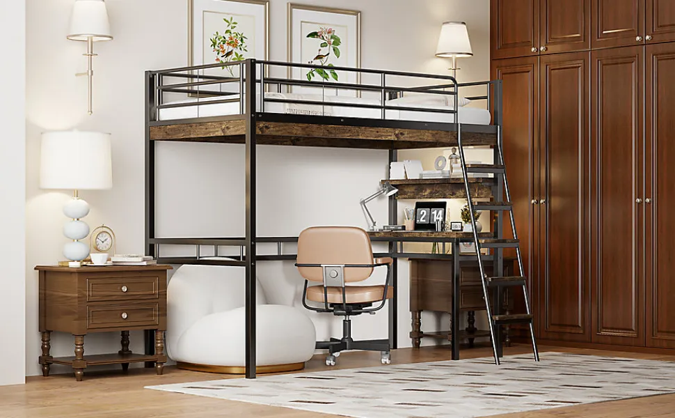 Lit Haut 90x200cm, Bureau, Rangement, Échelle, Métal, Noir