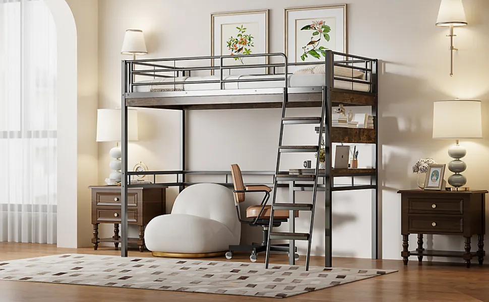 Lit Haut 90x200cm, Bureau, Rangement, Échelle, Métal, Noir