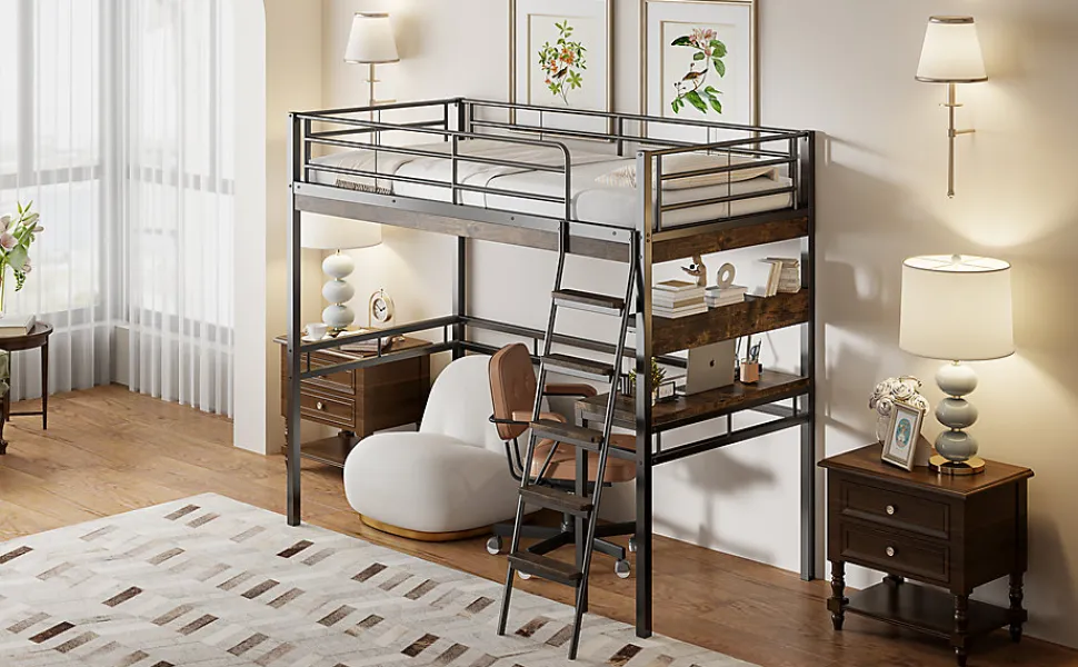 Lit Haut 90x200cm, Bureau, Rangement, Échelle, Métal, Noir