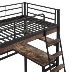 Lit Haut 90x200cm, Bureau, Rangement, Échelle, Métal, Noir