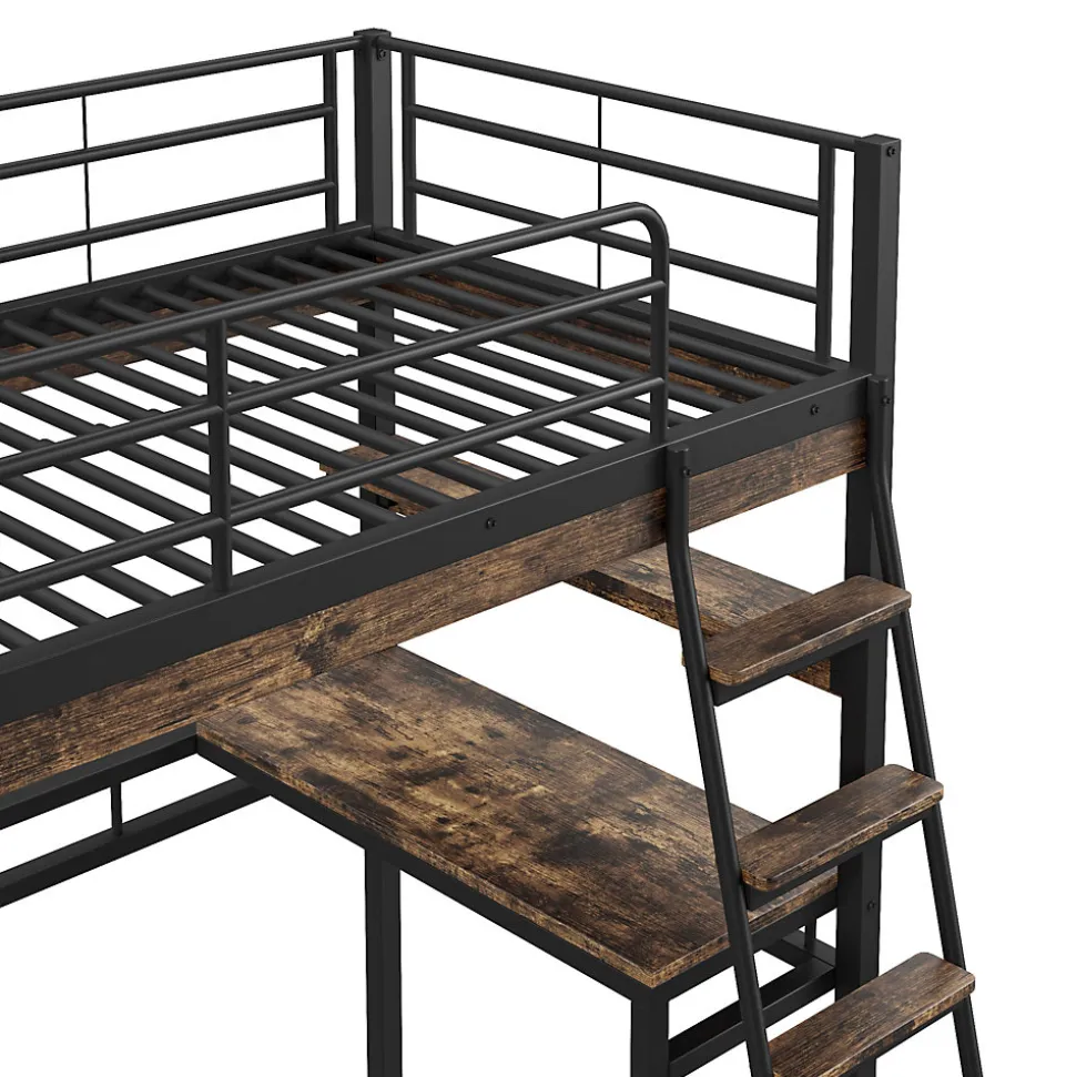 Lit Haut 90x200cm, Bureau, Rangement, Échelle, Métal, Noir