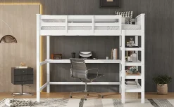 Lit Haut 140x200cm, Bureau, Rangement, Échelle, Métal, Blanc