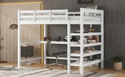 Lit Haut 140x200cm, Bureau, Rangement, Échelle, Métal, Blanc