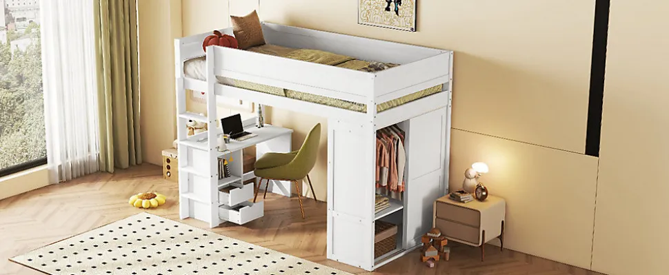 Lit Haut 90x200cm, Lit pour Enfant avec Bureau, Armoire, Blanc