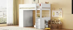 Lit Haut 90x200cm, Lit pour Enfant avec Bureau, Armoire, Blanc