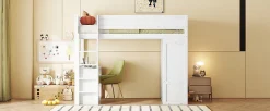 Lit Haut 90x200cm, Lit pour Enfant avec Bureau, Armoire, Blanc