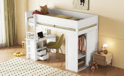 Lit Haut 90x200cm, Lit pour Enfant avec Bureau, Armoire, Blanc