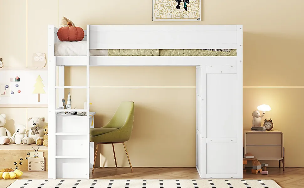 Lit Haut 90x200cm, Lit pour Enfant avec Bureau, Armoire, Blanc