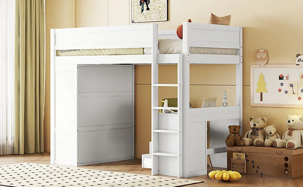 Lit Haut 90x200cm, Lit pour Enfant avec Bureau, Armoire, Blanc