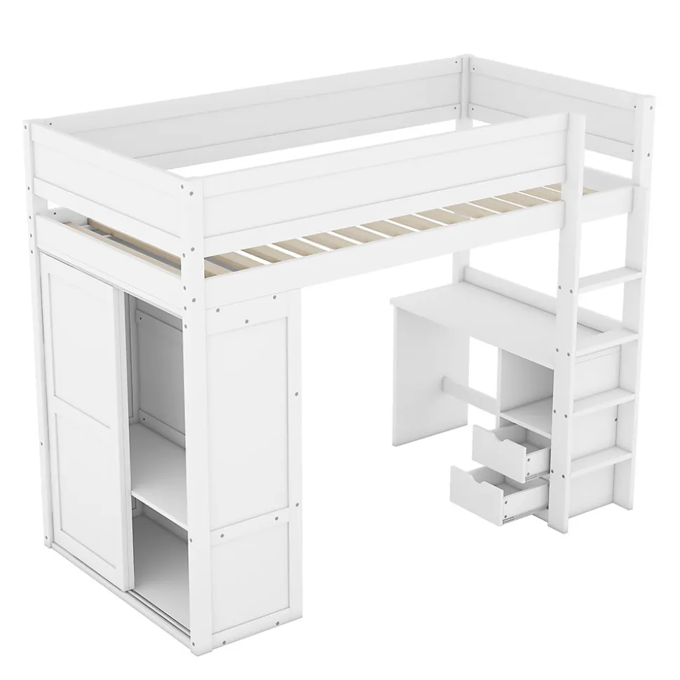 Lit Haut 90x200cm, Lit pour Enfant avec Bureau, Armoire, Blanc