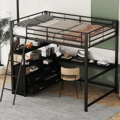 Lit Haut 140x200cm, Métal, Bureau, Rangement, Échelle, Sans Matelas, Noir