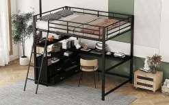 Lit Haut 140x200cm, Métal, Bureau, Rangement, Échelle, Sans Matelas, Noir