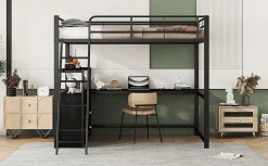 Lit Haut 140x200cm, Métal, Bureau, Rangement, Échelle, Sans Matelas, Noir