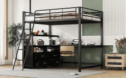 Lit Haut 140x200cm, Métal, Bureau, Rangement, Échelle, Sans Matelas, Noir