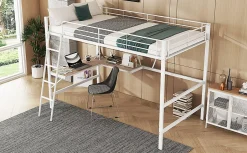 Lit Haut 90x200cm, Métal, Bureau L, Rangement, Sans Matelas, Blanc