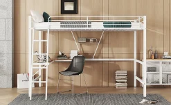 Lit Haut 90x200cm, Métal, Bureau L, Rangement, Sans Matelas, Blanc