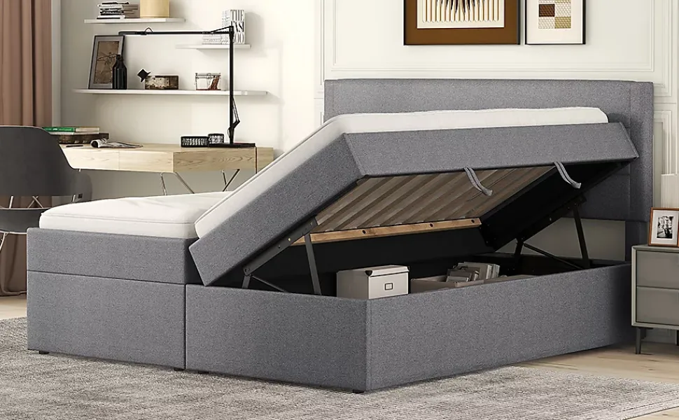 Lit Haut 140x200cm, Métal, Bureau avec Rangement, Noir