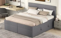 Lit Haut 140x200cm, Métal, Bureau avec Rangement, Noir