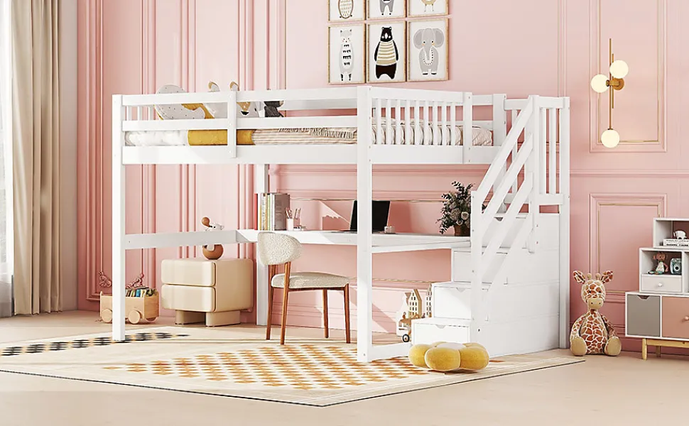 Lit Haut 140x200cm, Rangement, Bureau, Échelle, Sans Matelas, Blanc