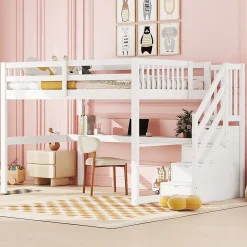 Lit Haut 140x200cm, Rangement, Bureau, Échelle, Sans Matelas, Blanc