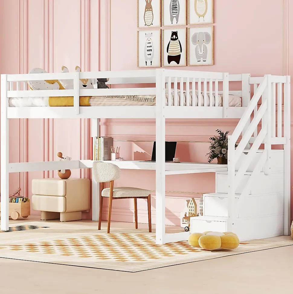 Lit Haut 140x200cm, Rangement, Bureau, Échelle, Sans Matelas, Blanc