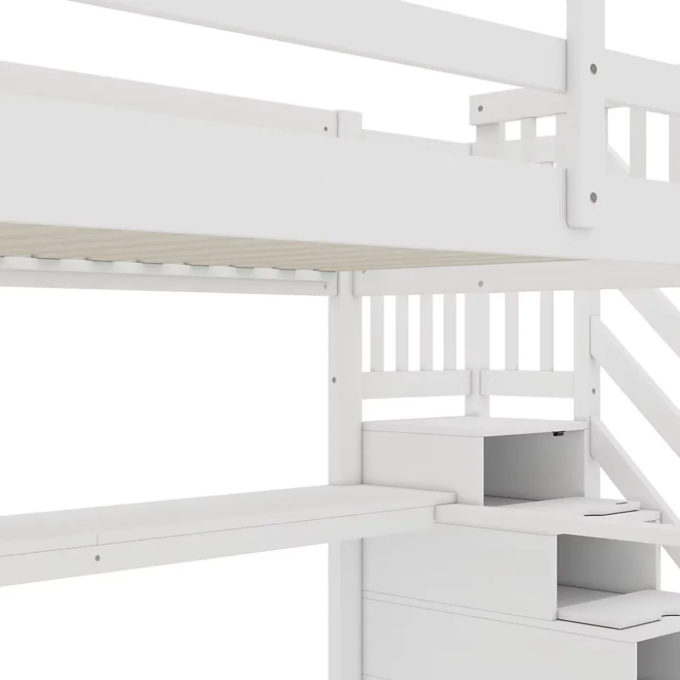 Lit Haut 140x200cm, Rangement, Bureau, Échelle, Sans Matelas, Blanc