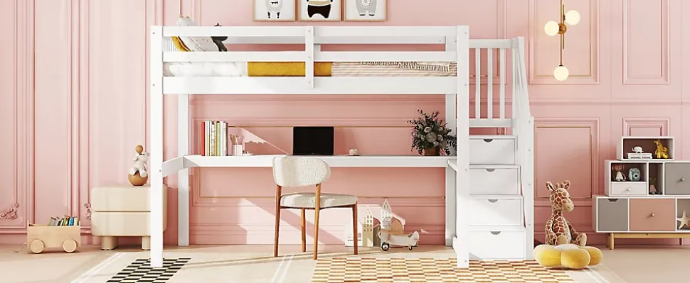 Lit Haut 140x200cm, Rangement, Bureau, Échelle, Sans Matelas, Blanc