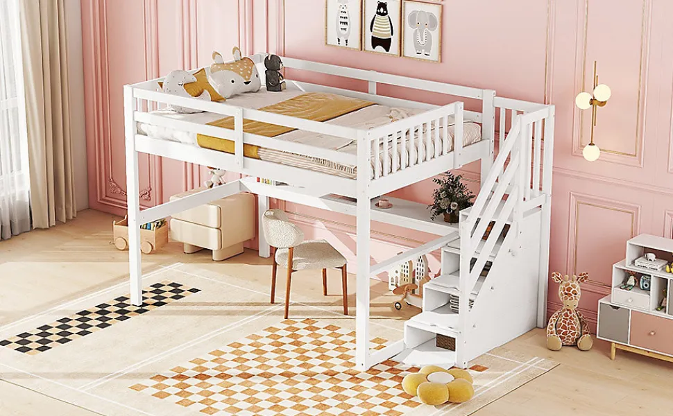 Lit Haut 140x200cm, Rangement, Bureau, Échelle, Sans Matelas, Blanc