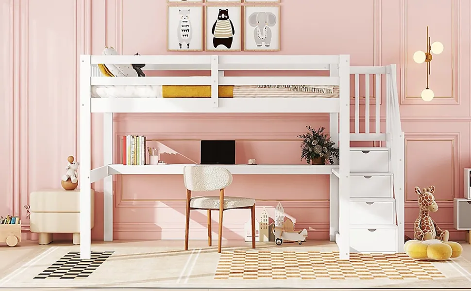 Lit Haut 140x200cm, Rangement, Bureau, Échelle, Sans Matelas, Blanc