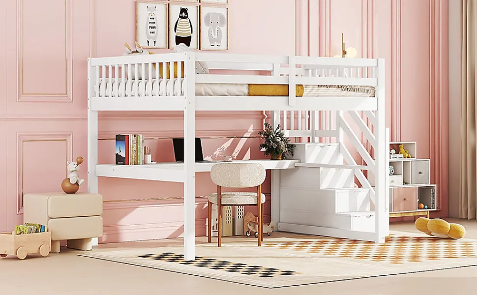 Lit Haut 140x200cm, Rangement, Bureau, Échelle, Sans Matelas, Blanc