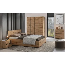 Lit HAVANA 160x200 chene et noir avec sommier Elégance naturelle et confort moderne