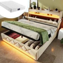 Lit hydraulique 140x200cm, lit double, espace de rangement en tête de lit avec port usb et type c, lin, beige, avec matelas