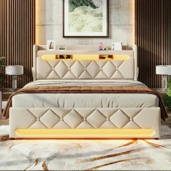 Lit hydraulique 140x200cm, lit double, espace de rangement en tête de lit avec port usb et type c, lin, beige, avec matelas