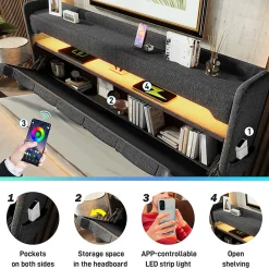 Lit hydraulique 140x200cm, lit double, espace de rangement en tête de lit avec port usb et type c, lin, gris, avec matelas