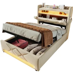 Lit hydraulique 90x200cm, Single, espace de rangement en tête de lit avec port usb et type c, lin, beige, avec matelas