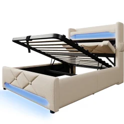 Lit hydraulique 90x200cm, Single, espace de rangement en tête de lit avec port usb et type c, lin, beige, avec matelas