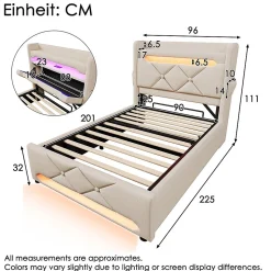 Lit hydraulique 90x200cm, Single, espace de rangement en tête de lit avec port usb et type c, lin, beige, avec matelas