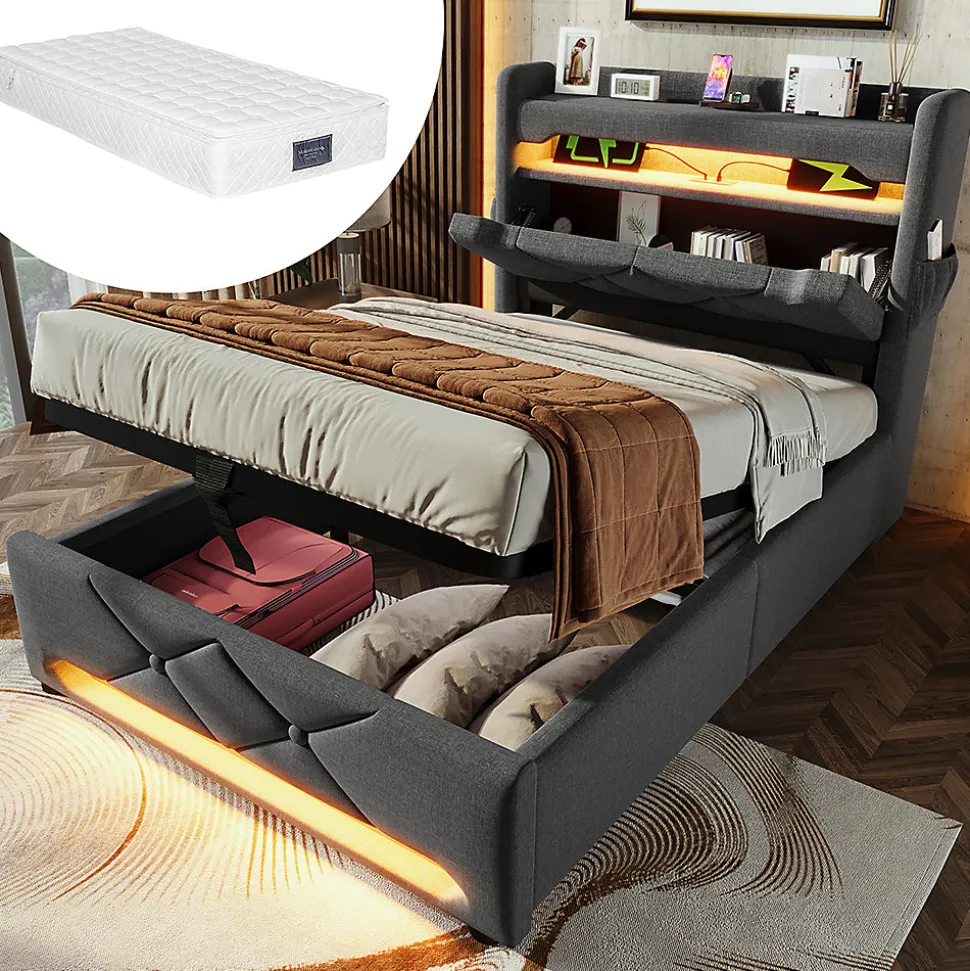 Lit hydraulique 90x200cm, Single, espace de rangement, tête de lit avec port usb et type c, lin,gris,avec matelas