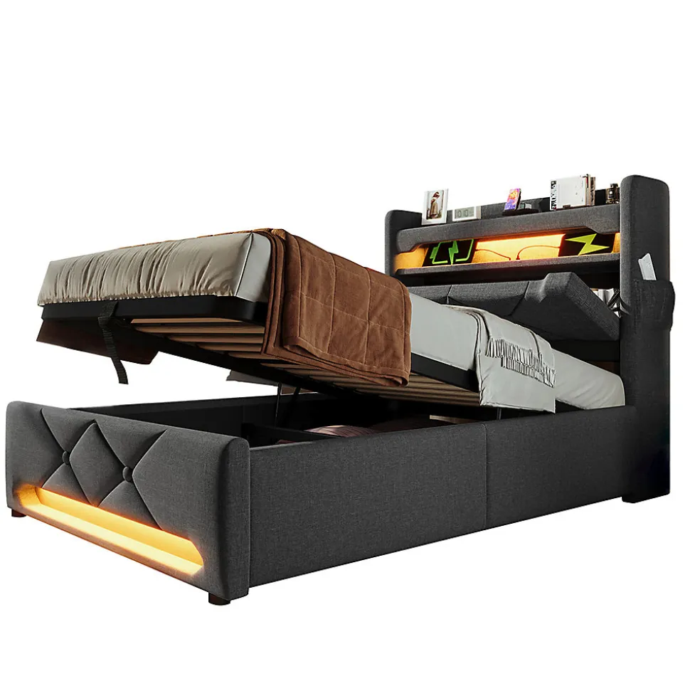 Lit hydraulique 90x200cm, Single, espace de rangement, tête de lit avec port usb et type c, lin,gris,avec matelas