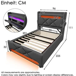 Lit hydraulique 90x200cm, Single, espace de rangement, tête de lit avec port usb et type c, lin,gris,avec matelas