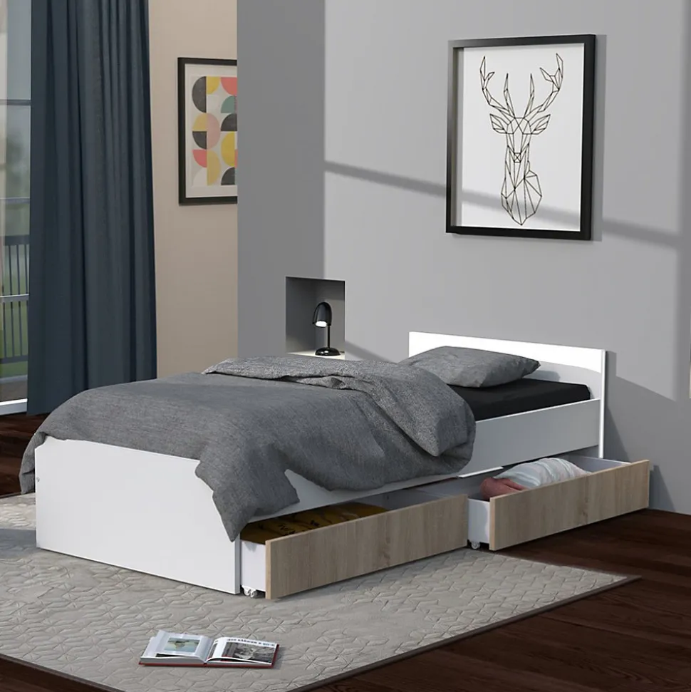 Lit KAPPA 90x190 + 2 tiroirs / Décor Chêne Blanchi et Blanc